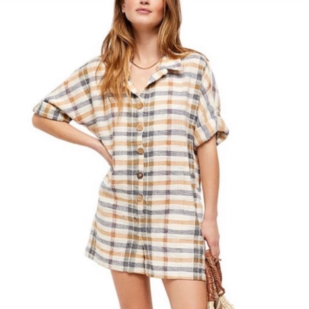 free people felicity plaid short sleeved romper / size XS